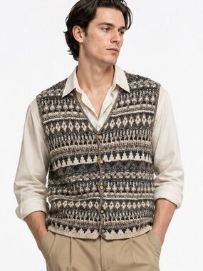 Vintage 90s Structure wool cotton men’s V-Neck Sweater Vest L gray beige knit